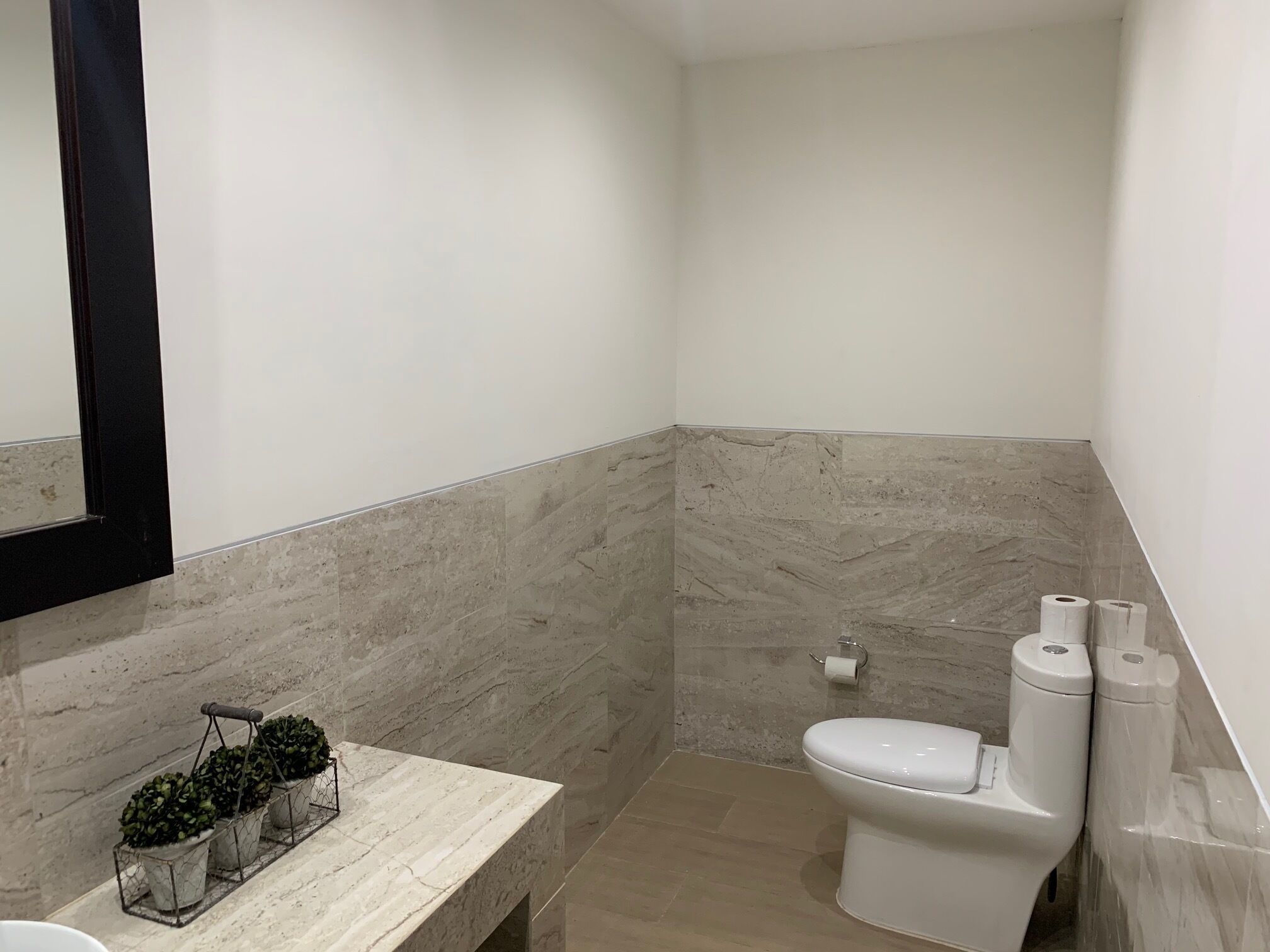 A bathroom with a marble wall, a toilet, and a sink with a plant arrangement.