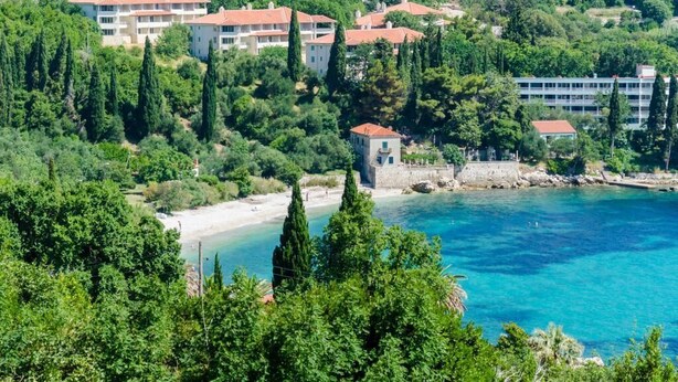 A coastal area with buildings surrounded by greenery and a clear blue sea.