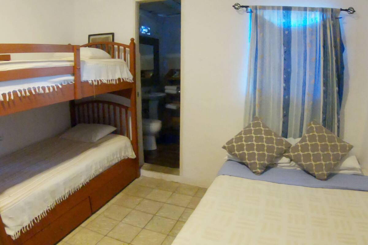 A room with a bunk bed, a single bed, and a window with curtains.