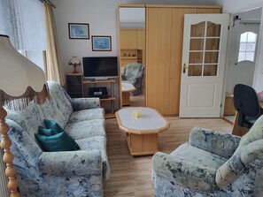 Televisión, reproductor de DVD, libros y estéreo 