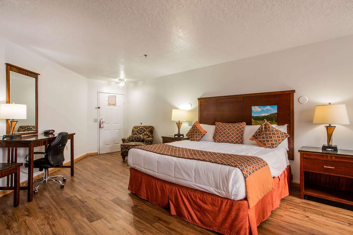 A hotel room with a large bed, a desk, a chair, a nightstand, and a lamp.