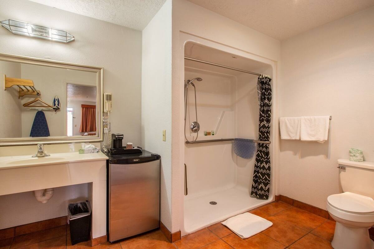 A bathroom with a shower, toilet, sink, and a mirror.
