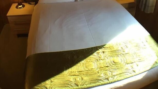 A wooden-paneled room with a bed, two bedside lamps, and a floral artwork above the bed. - Snowdrop 13 Hot Tub (Carmarthen)