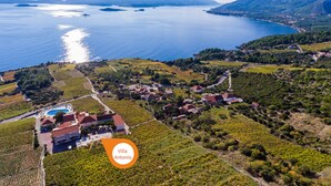 Vue aérienne de la villa Antonio, avec ses vignobles, sa piscine et les montagnes en arrière-plan.