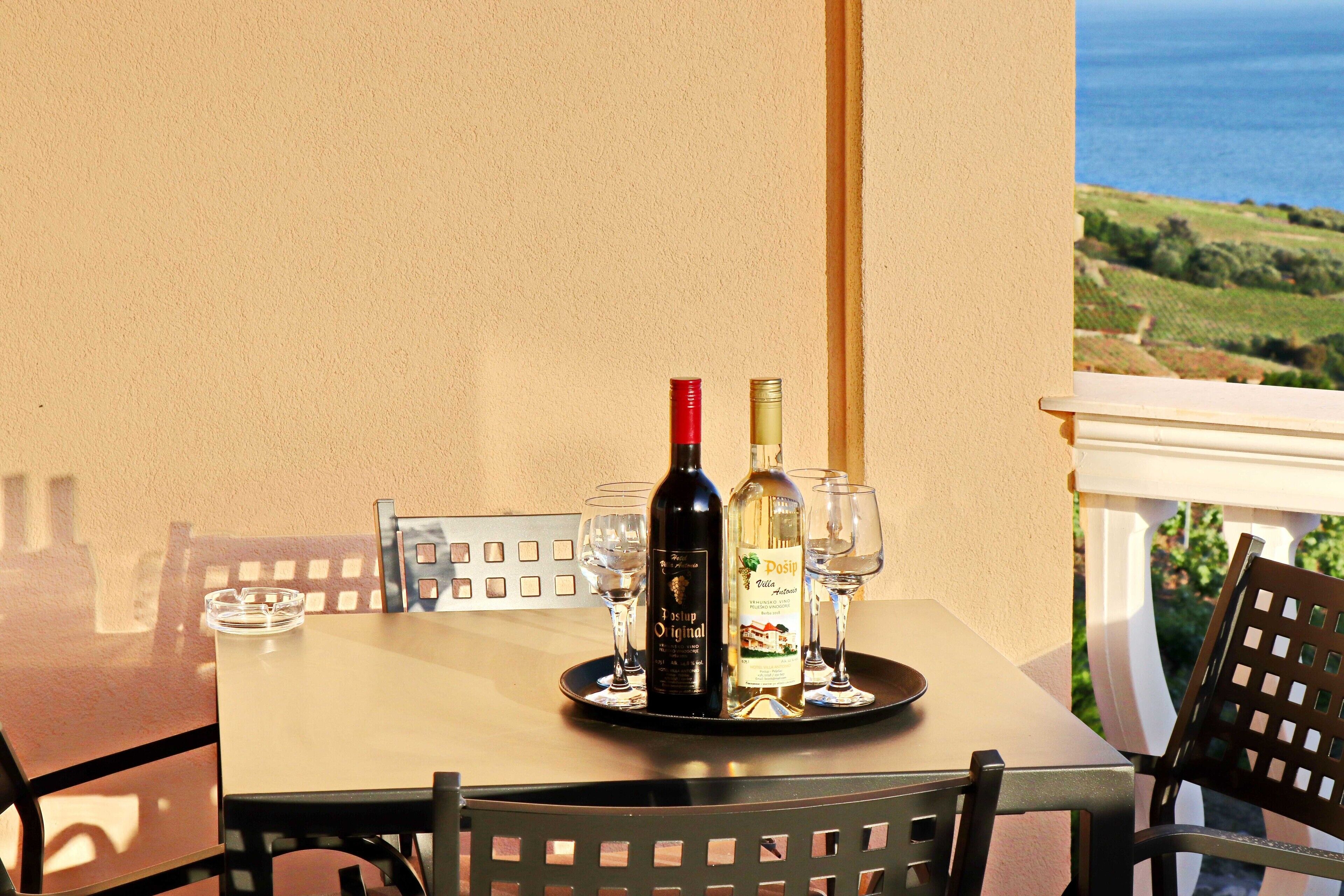 A table with a bottle of wine and glasses on a tray, overlooking a scenic view.