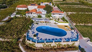 Vista aérea de una extensa propiedad con piscina rodeada de sillones de descanso, viñedo y varias construcciones con tejados rojos.