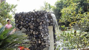 A stone water feature with a waterfall, surrounded by lush greenery and palm trees. - La Bella Resort (Cox's Bazar)