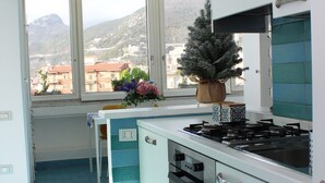 A modern kitchen with a large window, a potted plant, and a view of a bridge and mountains.
