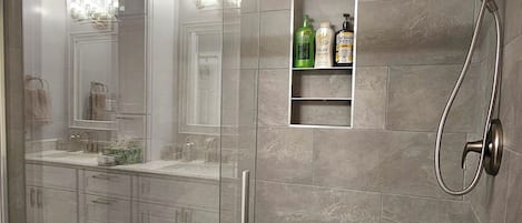 Bathtub, hair dryer, towels, soap