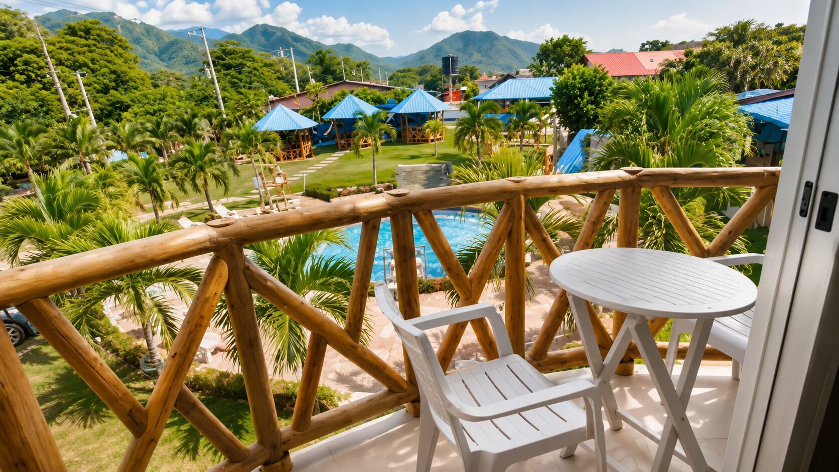 A balcony with a view of a pool, palm trees, and a mountainous landscape.