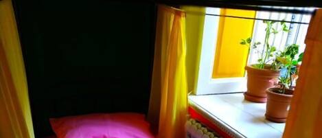 A small, cozy room with a single bed, bright yellow curtains, and a window with potted plants.