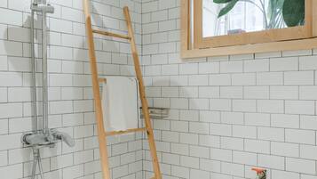 Shower, hair dryer, bidet, towels