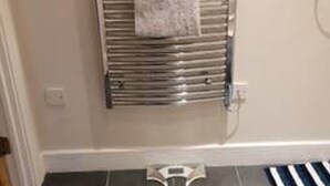 Une salle de bain avec un porte-serviettes sur lequel sont posées deux serviettes, un espace douche et un tapis rayé sur le sol.