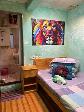 Desk, blackout curtains, iron/ironing board, bed sheets