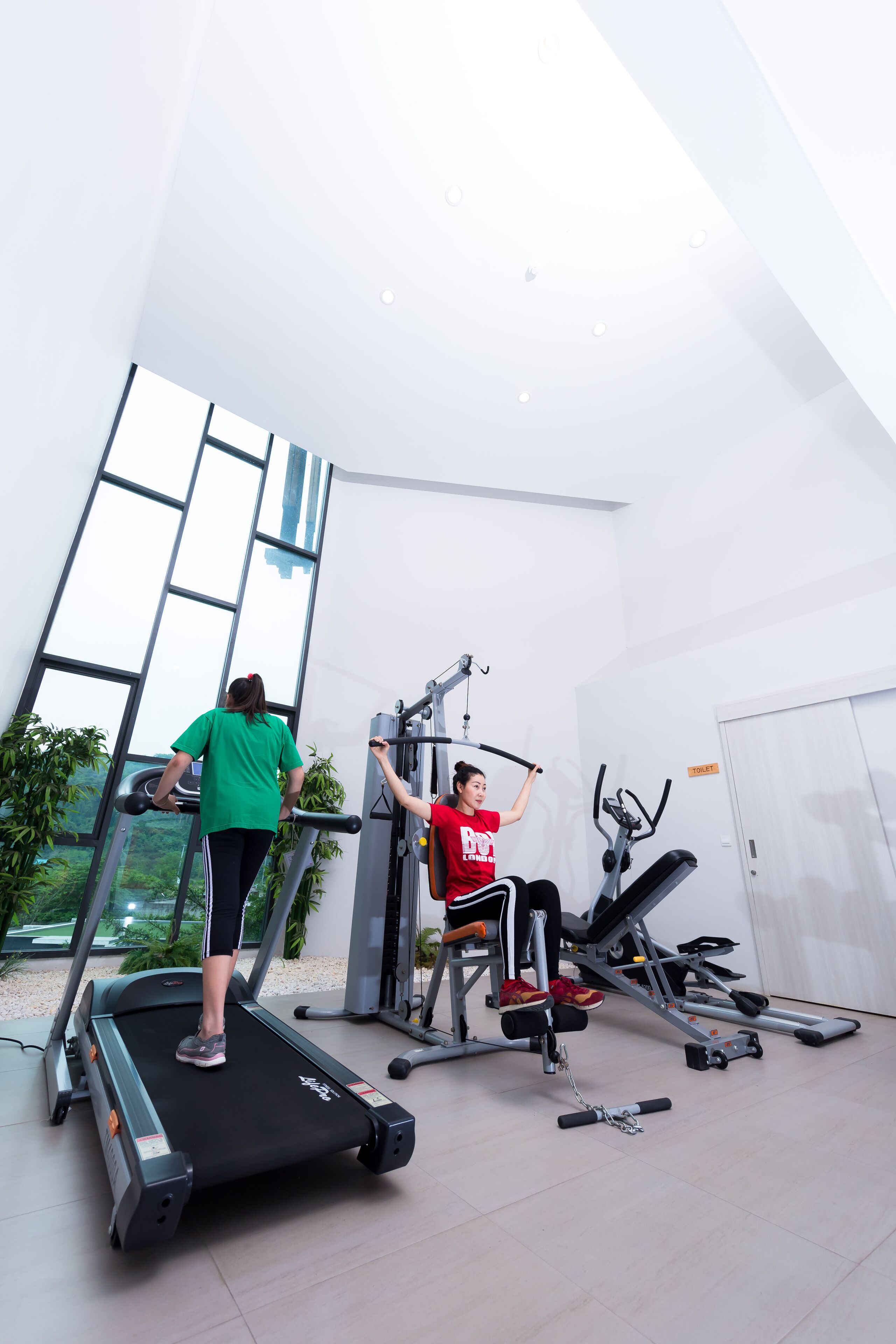 A modern gym with treadmills, weight machines, and a large window offering a view of greenery.