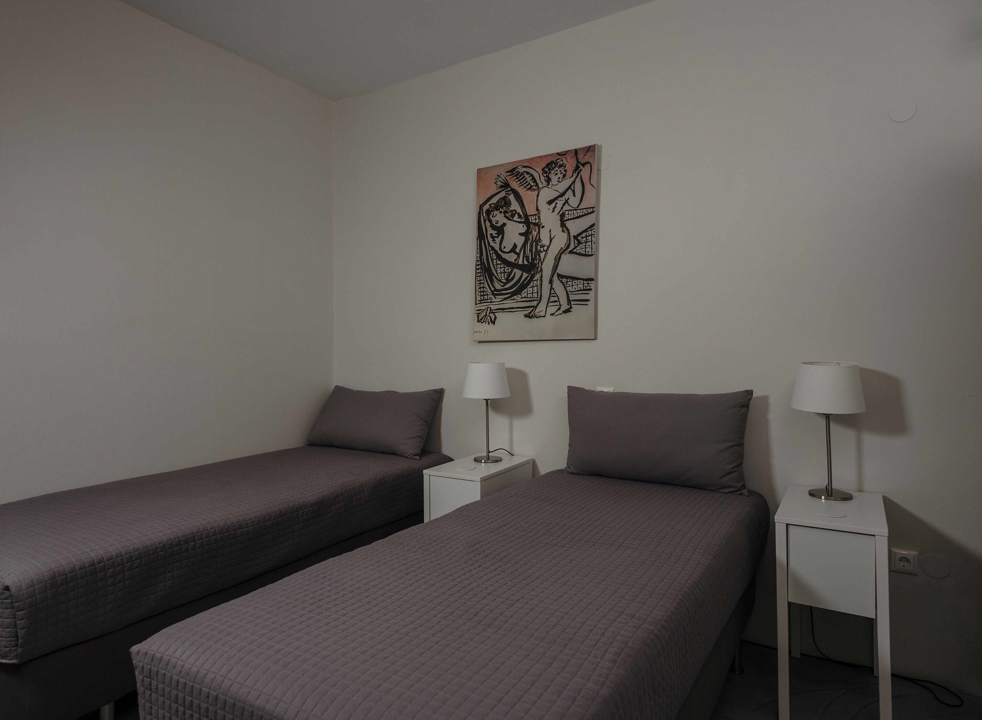 Een kamer met twee eenpersoonsbedden, elk voorzien van een kussen en nachtkastje met een lamp.