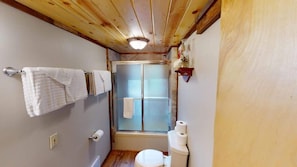 Combined shower/tub, hair dryer, towels