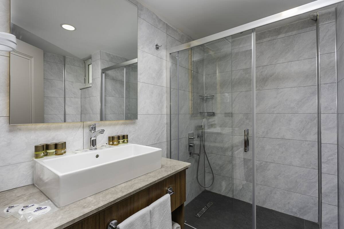 A modern bathroom with a large white sink, a glass shower enclosure, and a mirror above the sink.