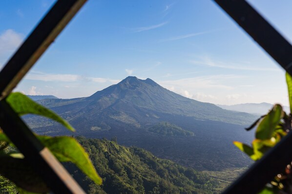 A mountain view through a window with greenery in the foreground. - Mount Batur Villa (Kintamani)
