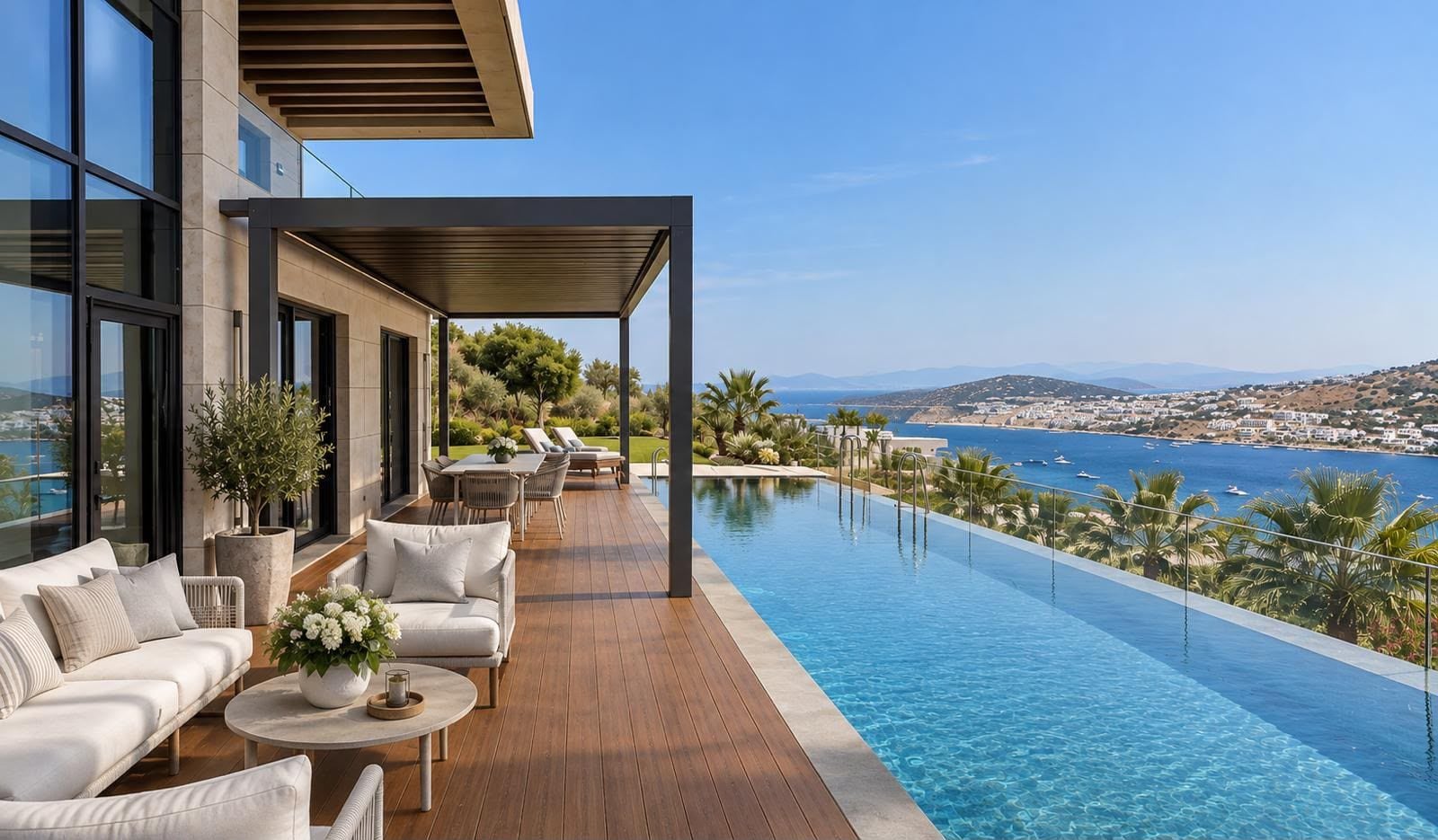 A modern outdoor pool area with a view of the sea and a cityscape.