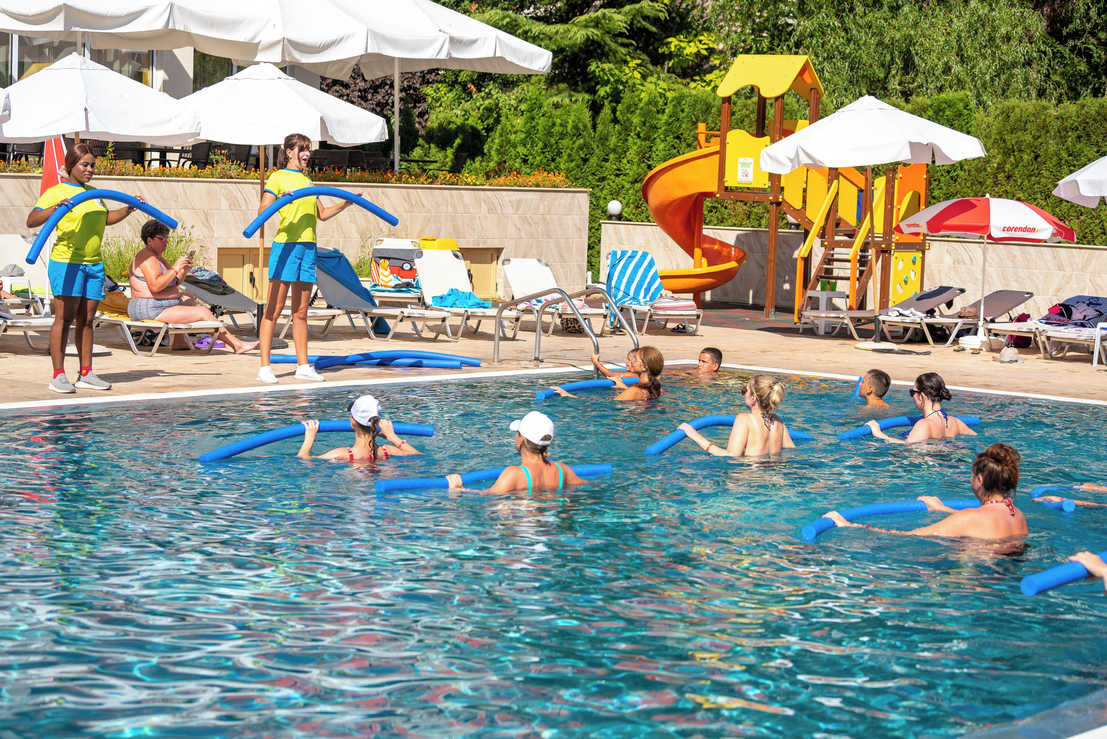 A swimming pool with lounge chairs and umbrellas, surrounded by greenery.