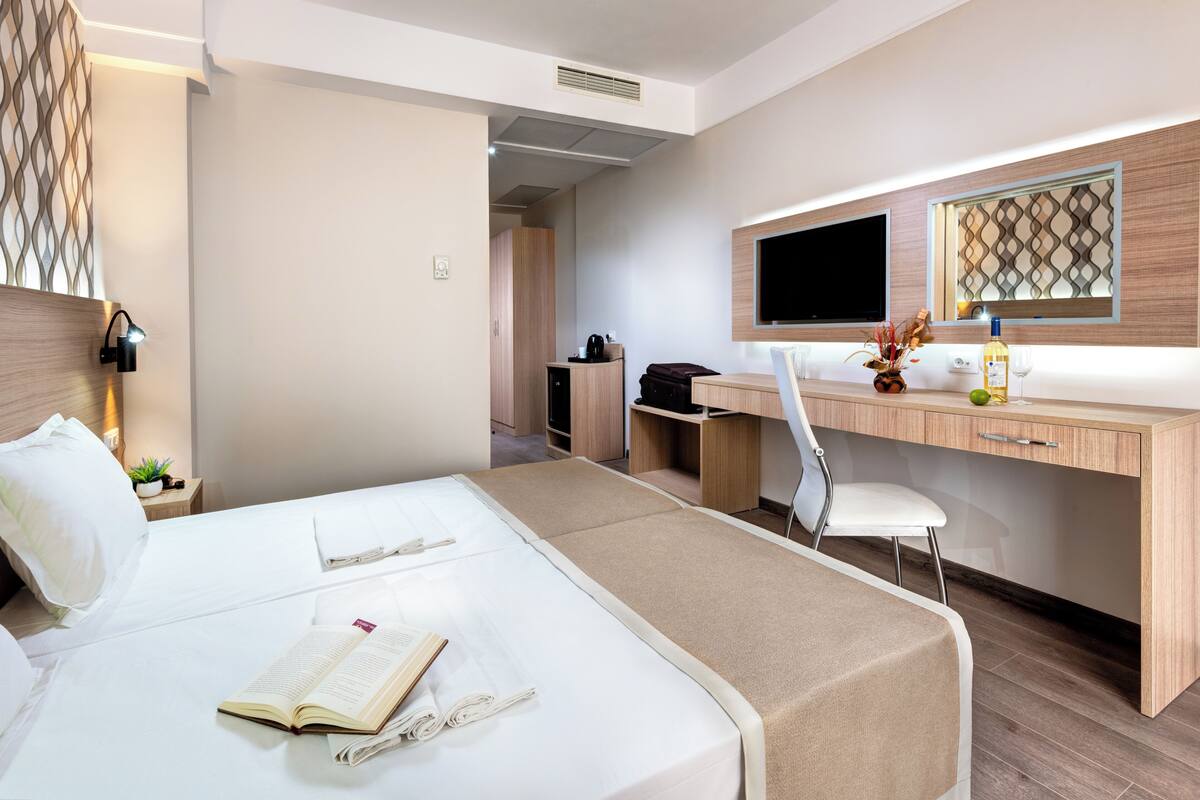 A hotel room with a bed, desk, chair, TV, and a small plant.