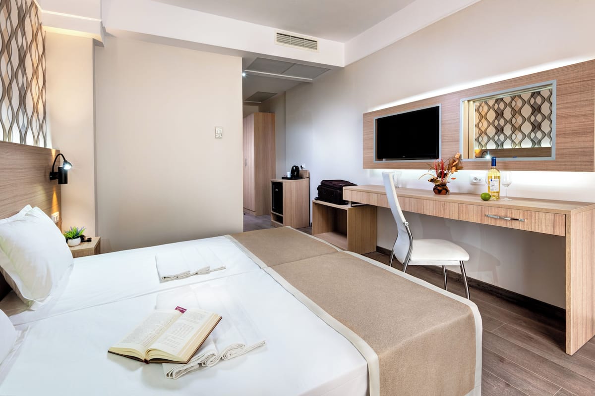 Habitación de hotel con cama, escritorio, silla, televisor y una planta pequeña.