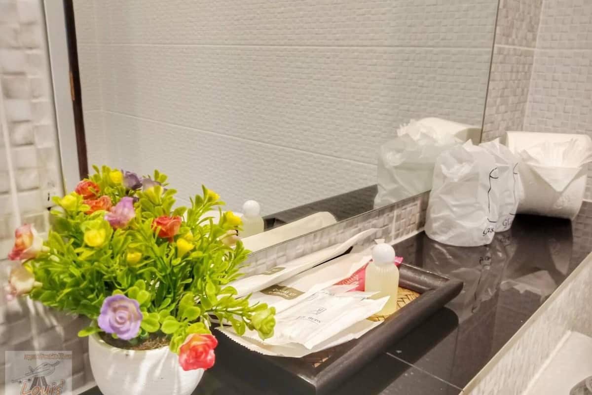 shower, rainfall showerhead, designer toiletries, hair dryer