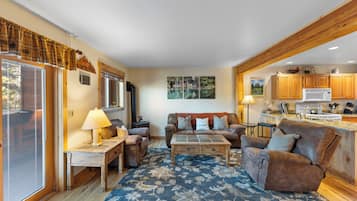 Télévision, cheminée, lecteur de DVD, vidéothÚque