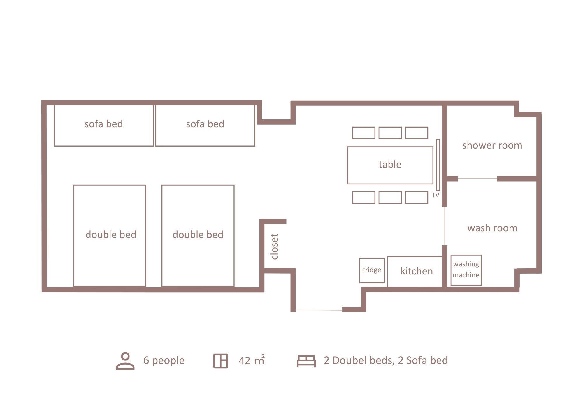 A 42 m² apartment layout with 2 double beds, 2 sofa beds, a closet, a TV, a table, a shower room, a washroom, a kitchen, and a fridge.