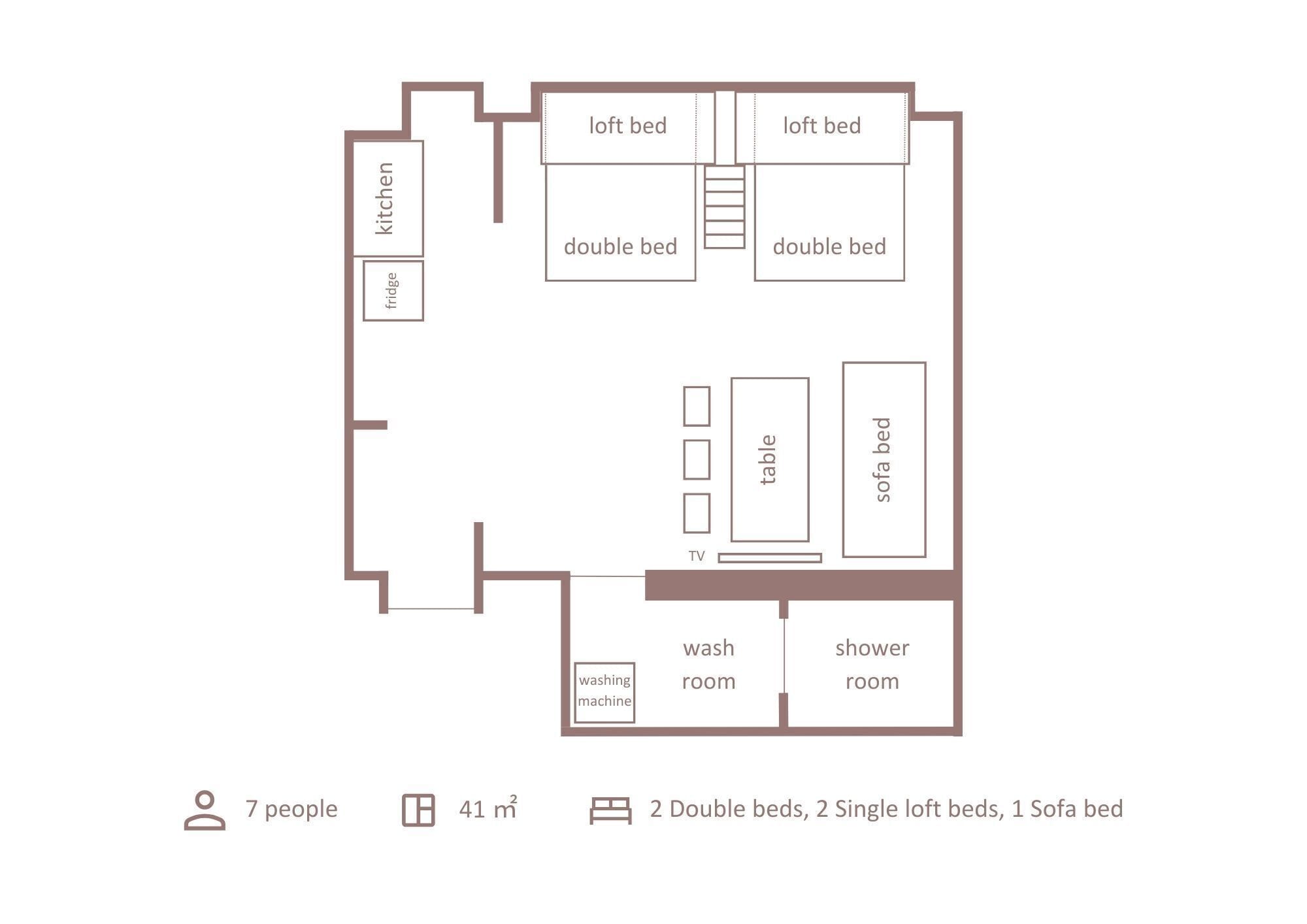 A 41 m² apartment layout with 2 double beds, 2 single loft beds, 1 sofa bed, a kitchen, a fridge, a washing machine, a TV, a table, and a TV in the wash room.