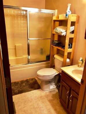 Combined shower/bathtub, hair dryer, towels, soap