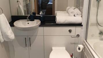 Combined shower/bathtub, hair dryer, towels