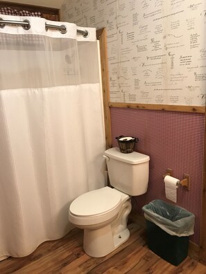 Bañera con ducha, secador de pelo, toallas