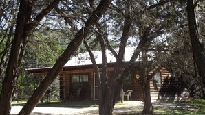 Un chalet rustique doté d’une véranda, entouré d’arbres.