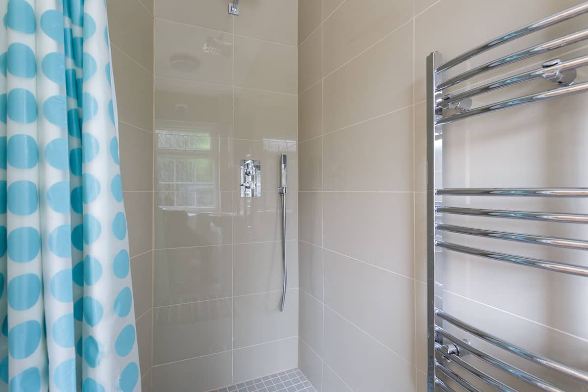 Shower, towels, soap, toilet paper