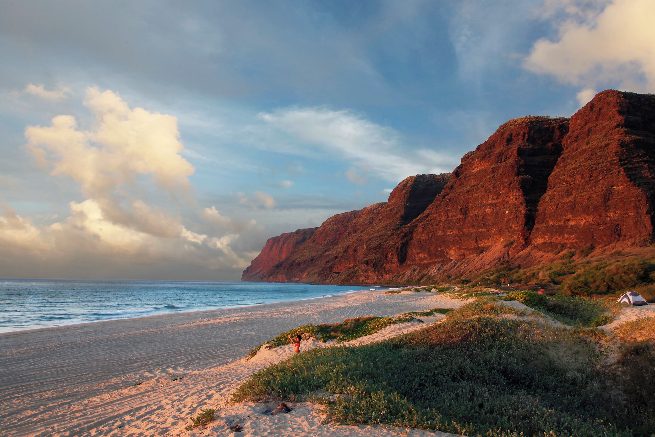 A beach with red cliffs, a clear sky, and a tent on the sand.