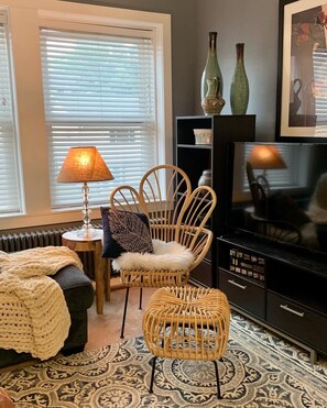 Smart TV, DVD player, books, music library