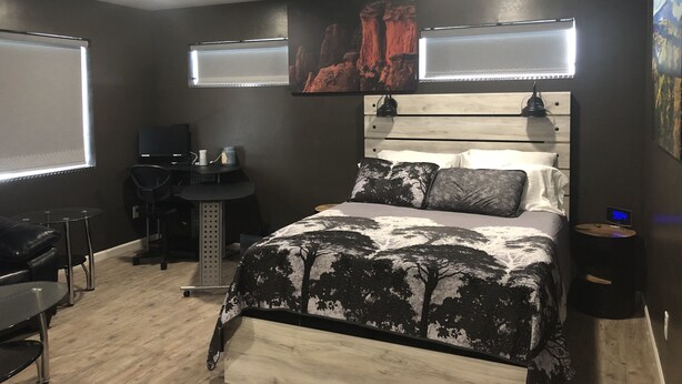 A bedroom with a bed, a desk, a chair, a ceiling fan, and a wall-mounted TV. - Modern Studio excellent location. (Grand Junction)