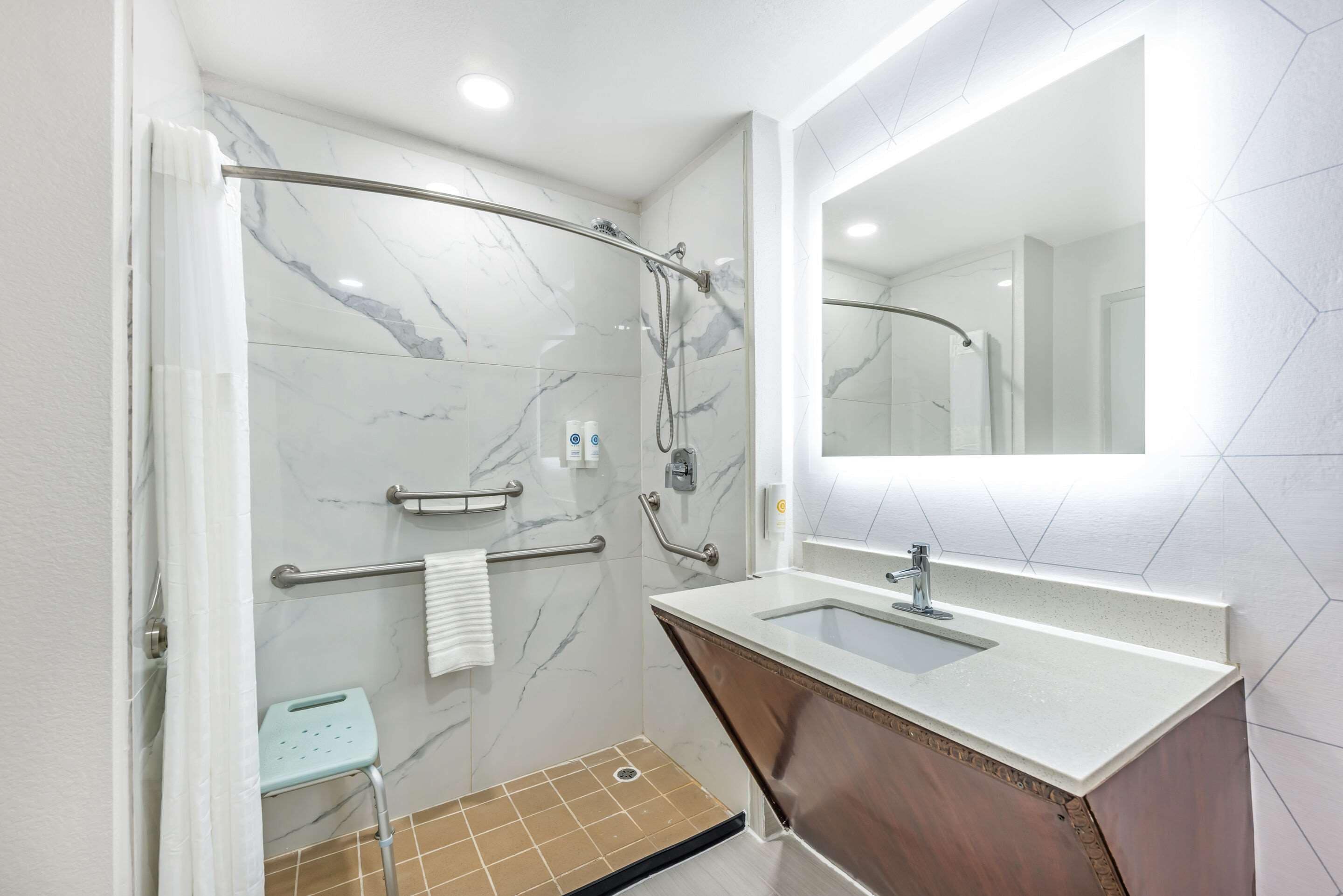 desk, laptop workspace, blackout curtains, iron/ironing board