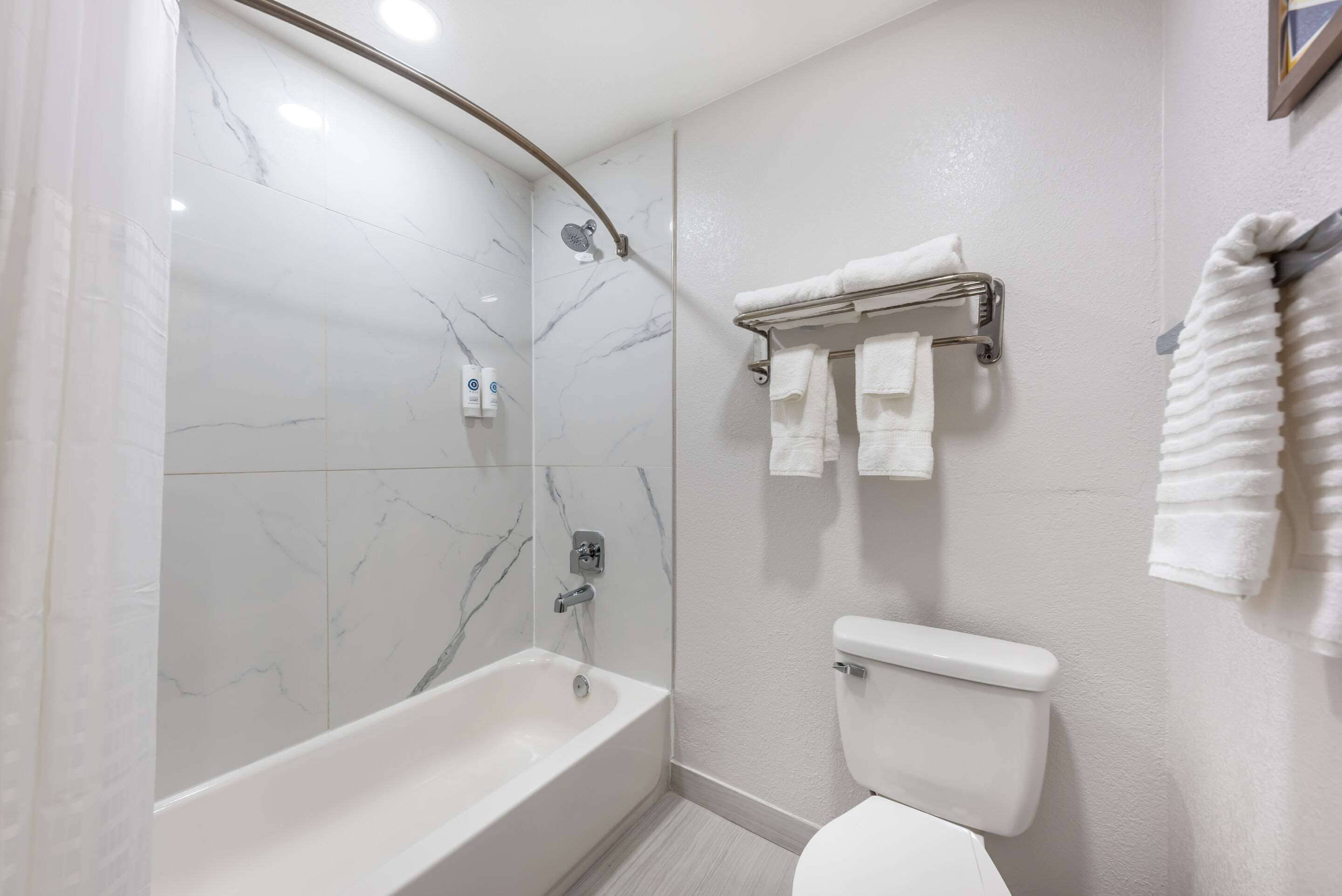 combined shower/bathtub, free toiletries, towels