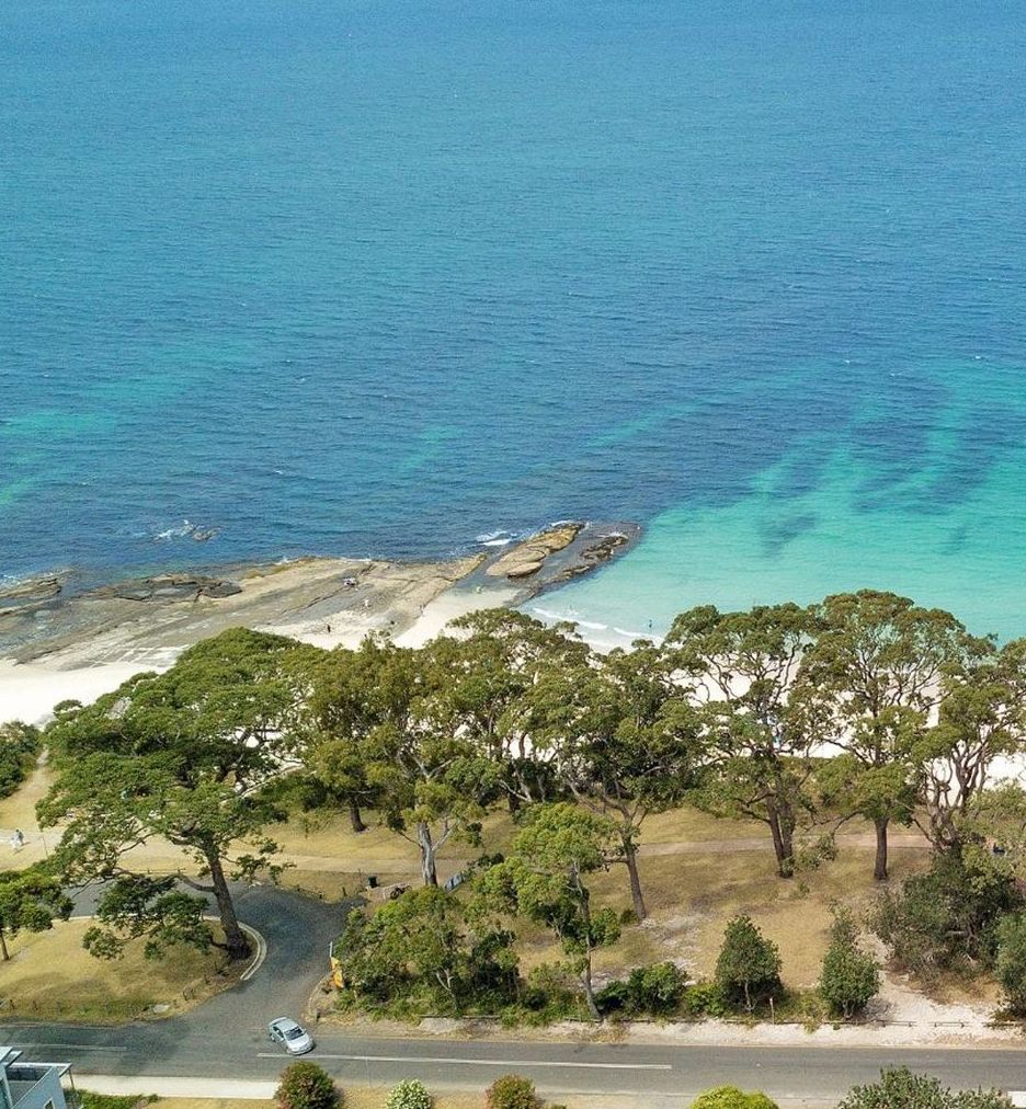A coastal landscape with a road, trees, and a beach.
