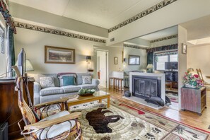 TV, caminetto, lettore DVD, libri