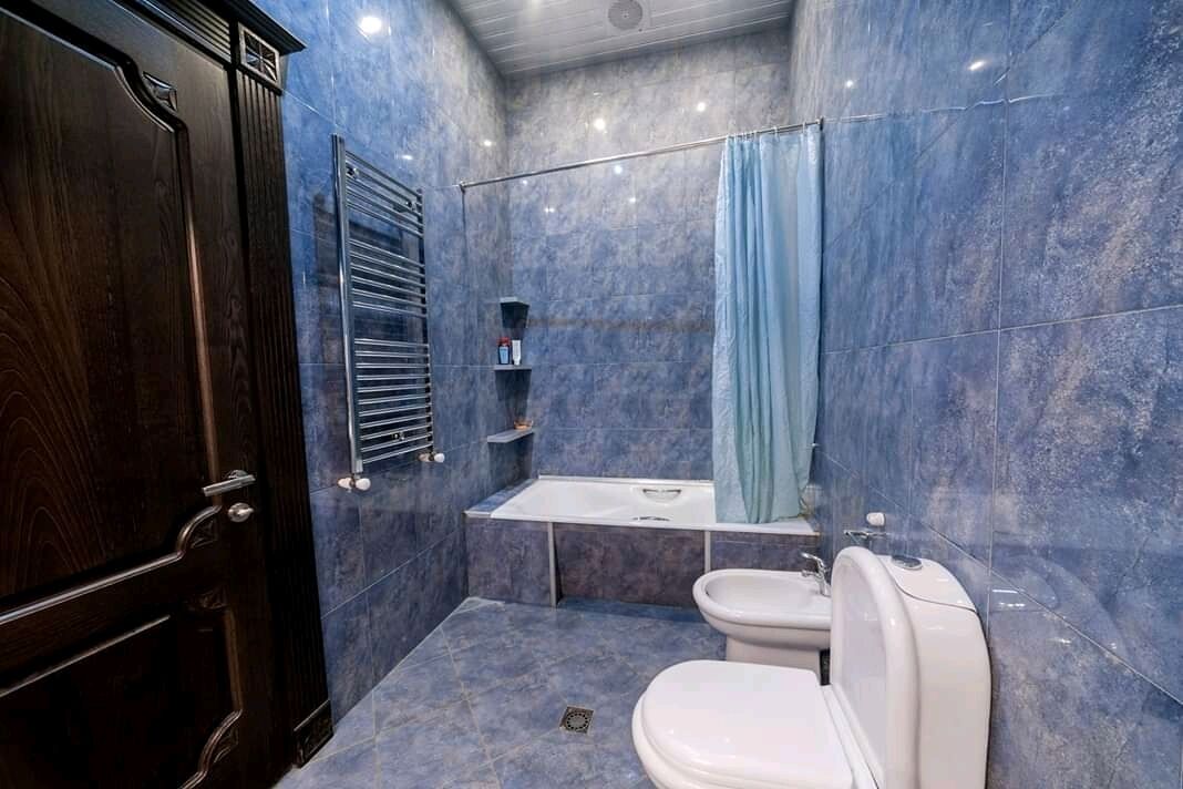 Combined shower/tub, hair dryer, towels, soap