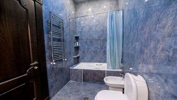 Combined shower/tub, hair dryer, towels, soap