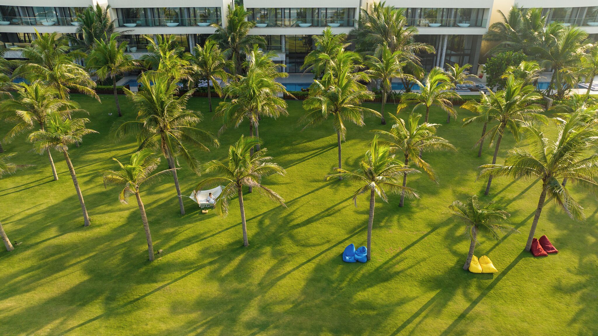 A lush, green lawn with palm trees and a modern building in the background.