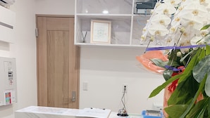 A reception desk with a marble top, a wooden door, a framed certificate, a small plant, and a water dispenser. - Allcomein Hotel (Tokyo)