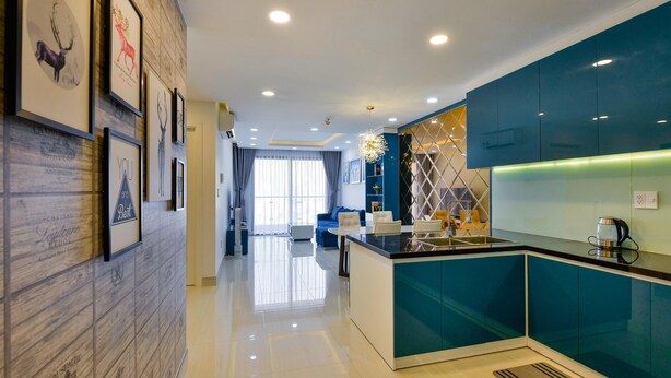 Departamento urbano, 2 habitaciones | Cocineta privada | Refrigerador con congelador, microondas y parrilla de estufa 