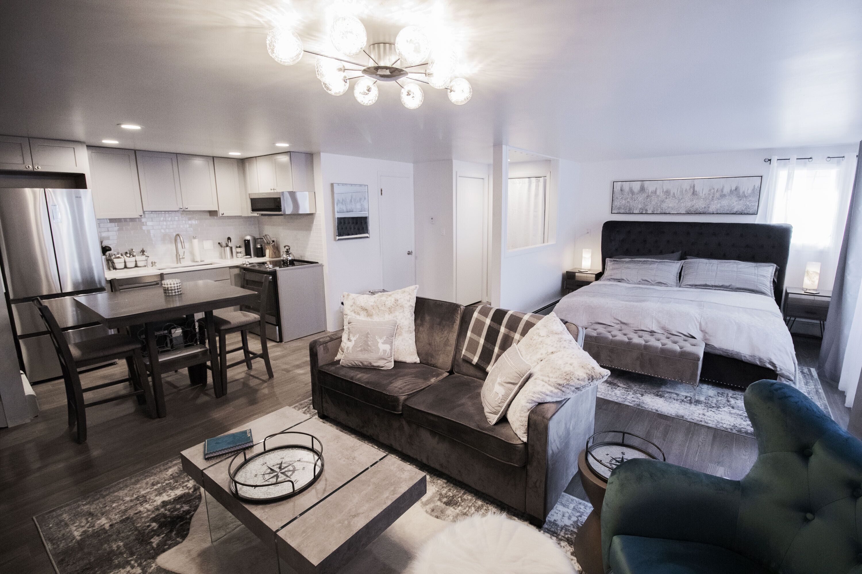 Smart TV, chimenea, libros, estéreo