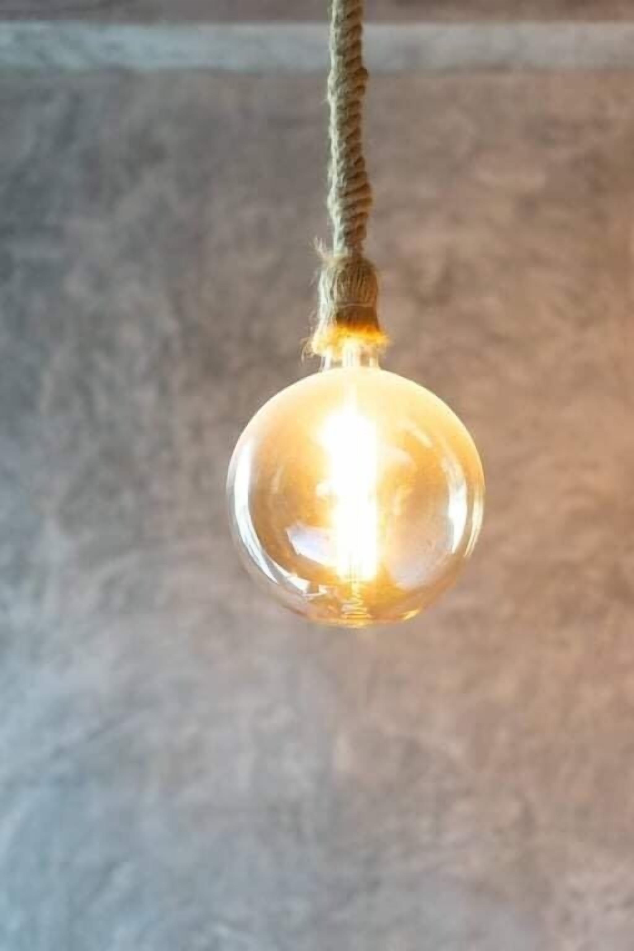 A clear glass light bulb hanging from a rope.